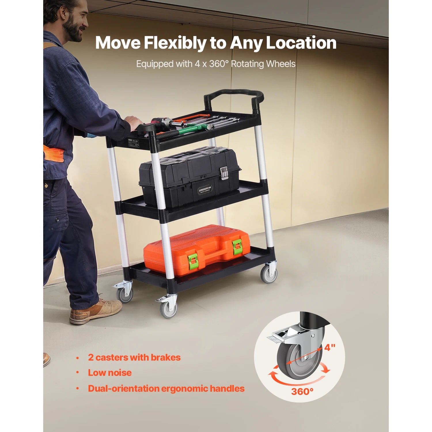 3-Tier Rolling Utility Cart with Wheels, Heavy-Duty Storage Trolley