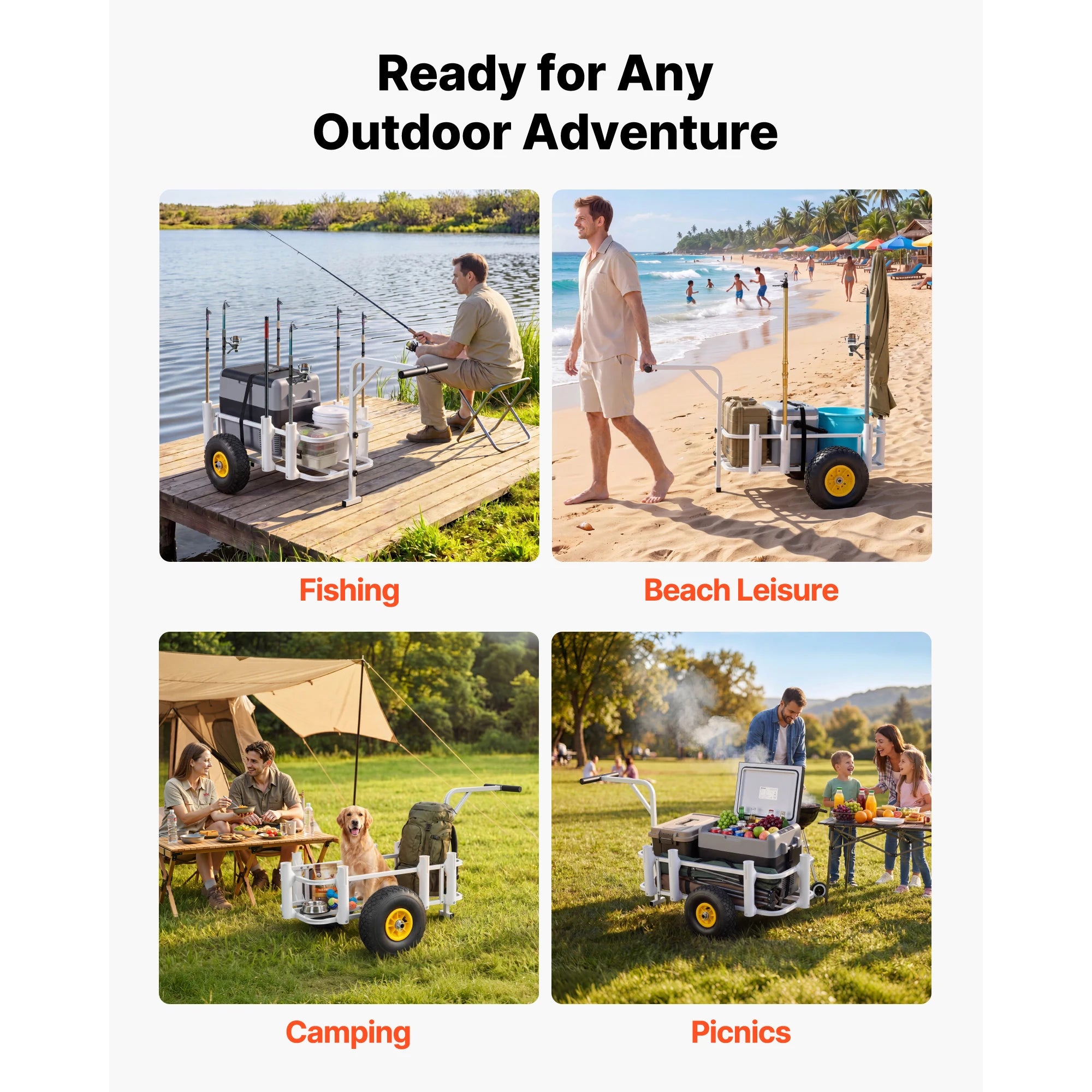 SucceBuy 200 lbs Foldable Beach Fishing Cart with Carbon Steel Frame & 11in All-Terrain Tires for Outdoor Activities Camping