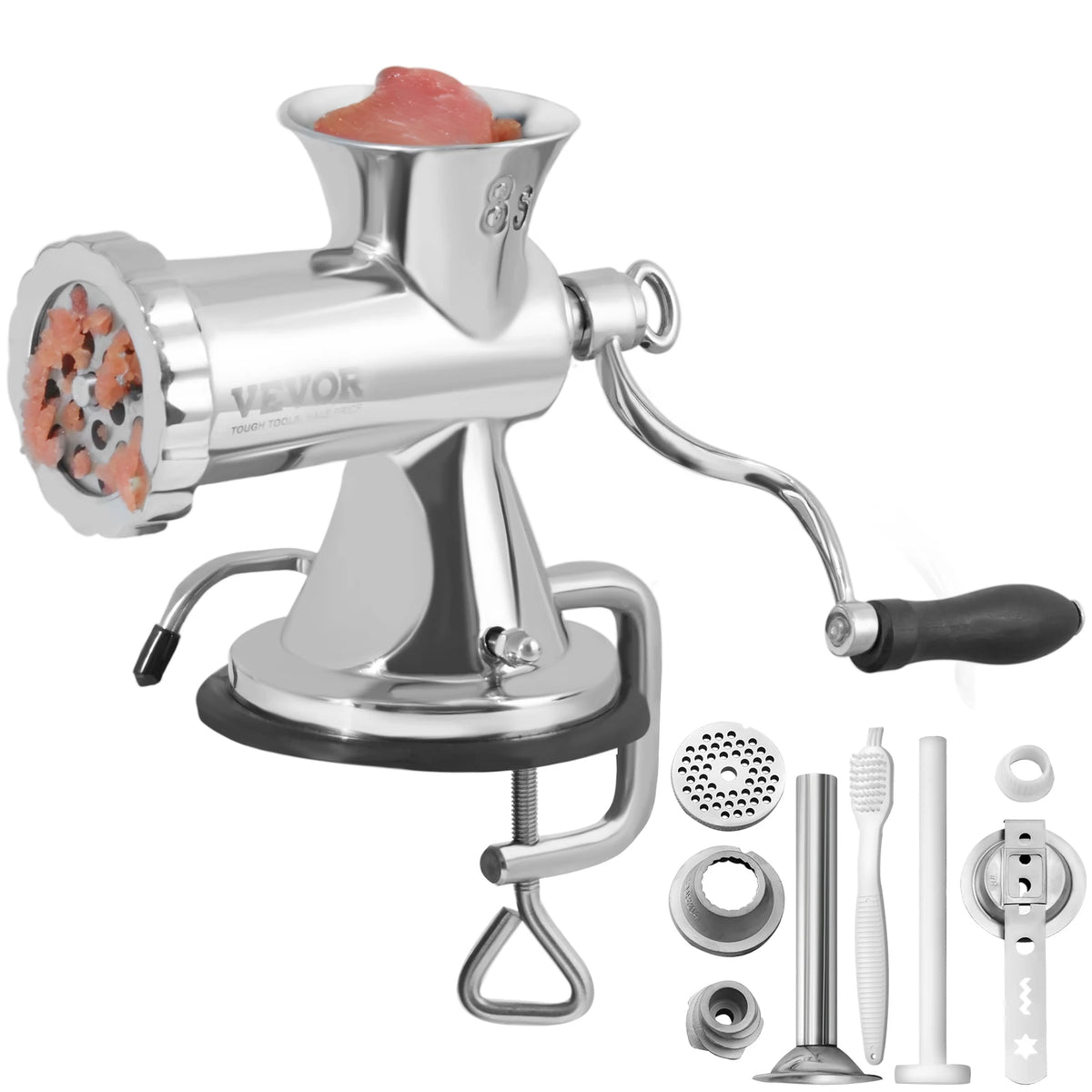 Manual Stainless-Steel Meat Grinder with Suction Base and Clamp