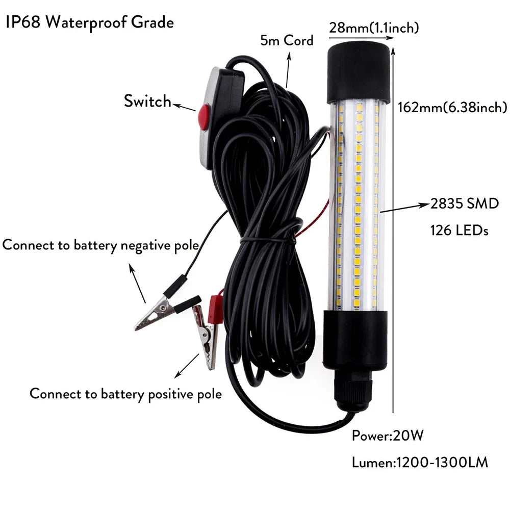Luz LED sumergible para pesca de 20 W con cable de 5 m