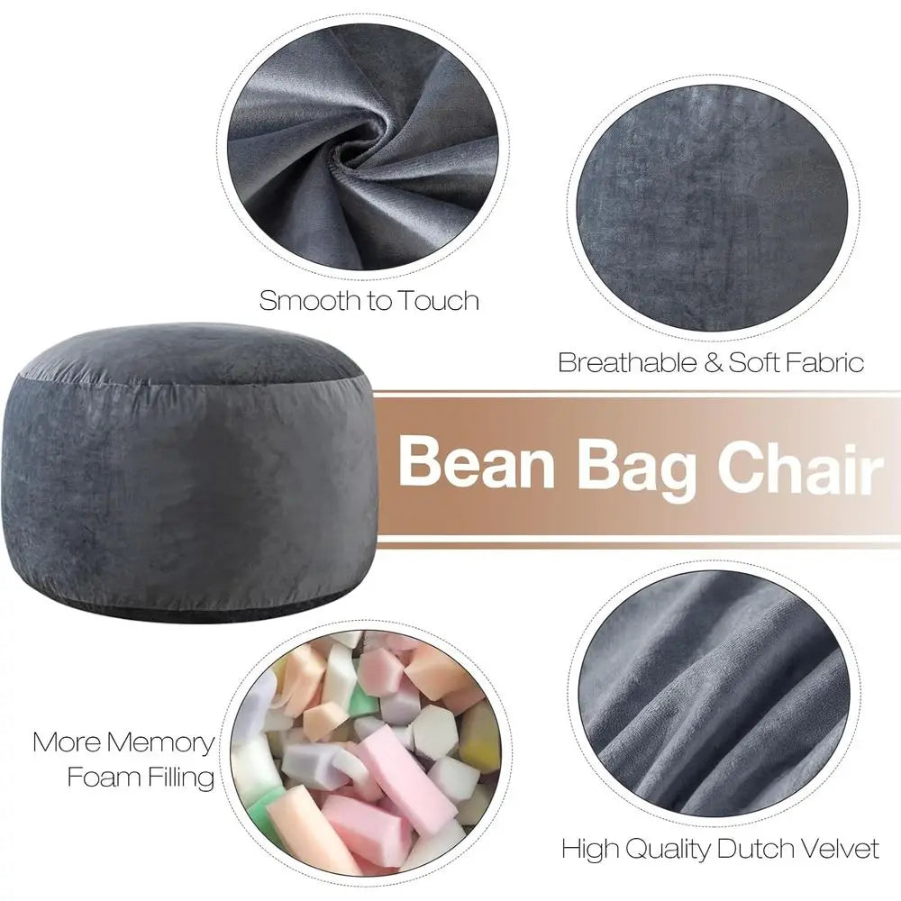 Cadeira de Pufe de Espuma de Memória de 3 Pés para Adultos em Veludo Cinzento com Alça de Transporte e Bolsos Laterais
