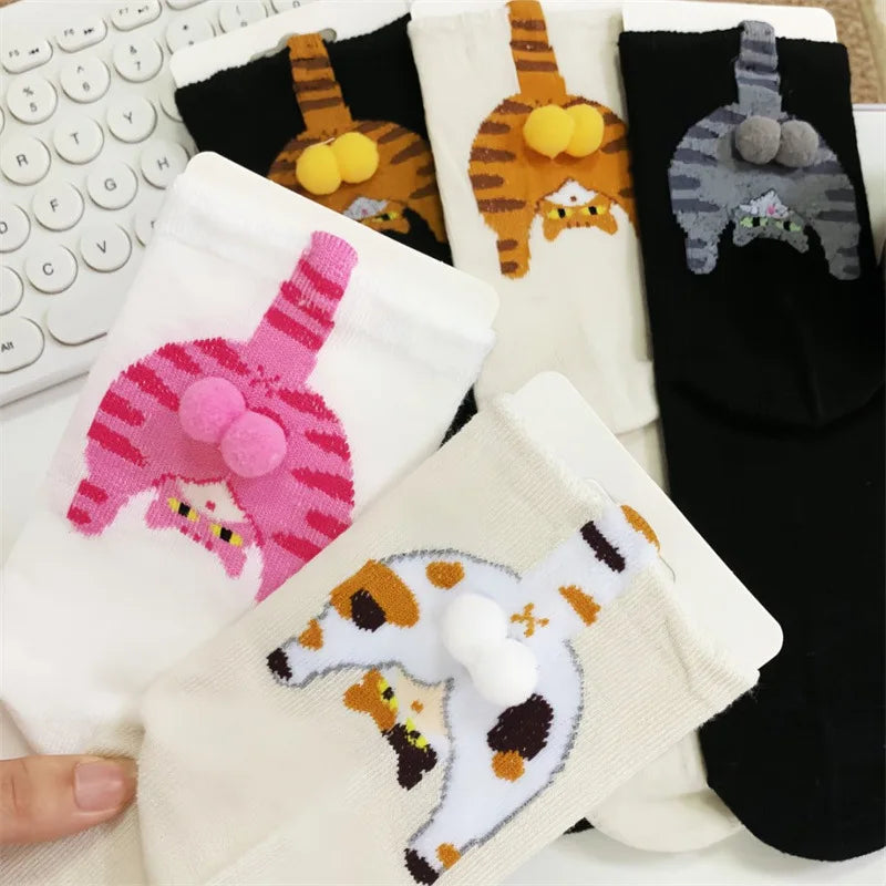 Cartoon Cat Egg Couple Socks Cozy Mid-Calf Cotton for Maternity Warm Winter Cute Present for Christmas Cat Lovers Family 
