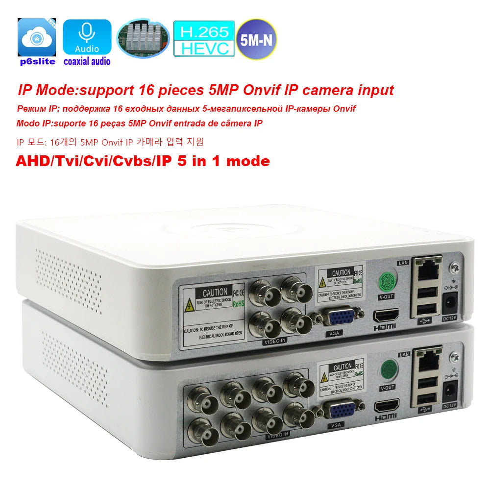 Hybrid DVR CCTV Security 4CH/8 Channels 5M-N Audio Over Coaxial for 5MP 12.5Fps 1080P 720P TVI CVI CVBS Camera 5MP IP Onvif Cam 