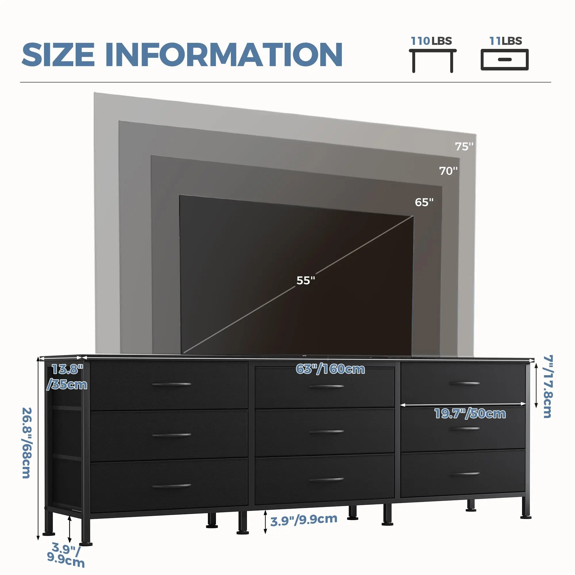 Modern TV Stand with 9 Fabric Drawers for Up to 75 Inch TVs