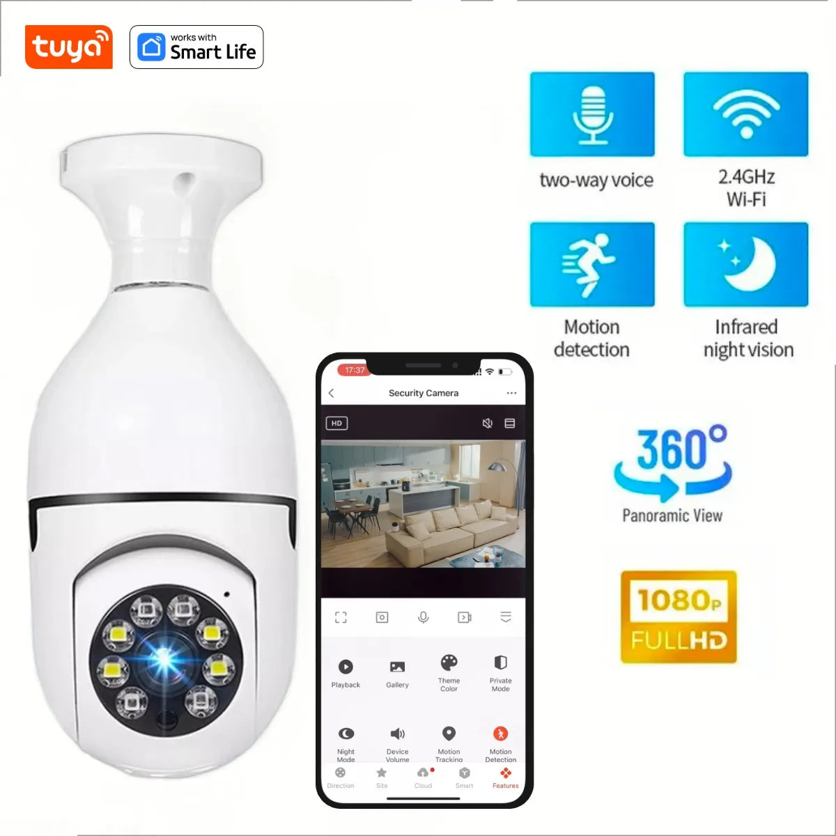 Tuya Smart Home 2.4G E27 Bulb Wifi Surveillance Camera HD Night Security Video Surveillance Supprt Two Way Audio Mobile Motion 