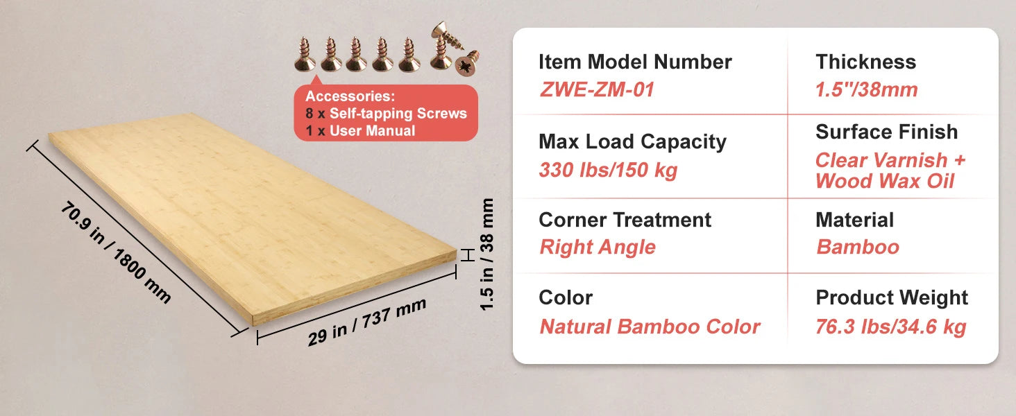 Tablero de Escritorio de Madera Maciza de Arce 1.5" de Grosor Capacidad de 330 lb