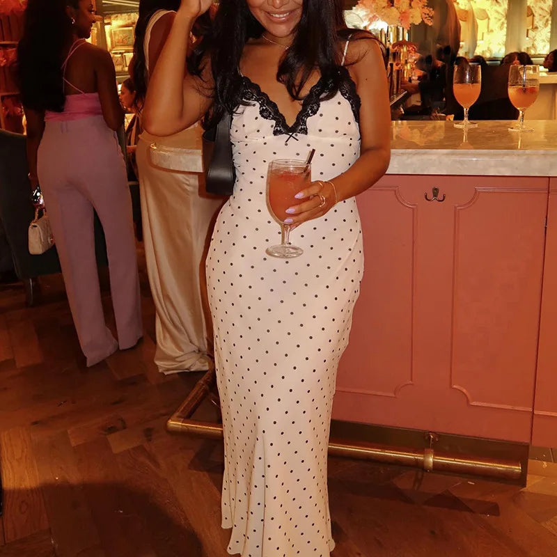 Tossy Lace V-Neck Patchwork Maxi Dress Women Backless High Waist Slim Spaghetti Contrast Party Dress Female Spring Long Dress 