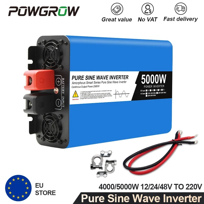 POWGROW Pure Sine Wave 12000W 5000W 4000W Power Inverter DC 12V 24V To AC 220V Portable Power Bank Converter Solar Car Inverter Transformer