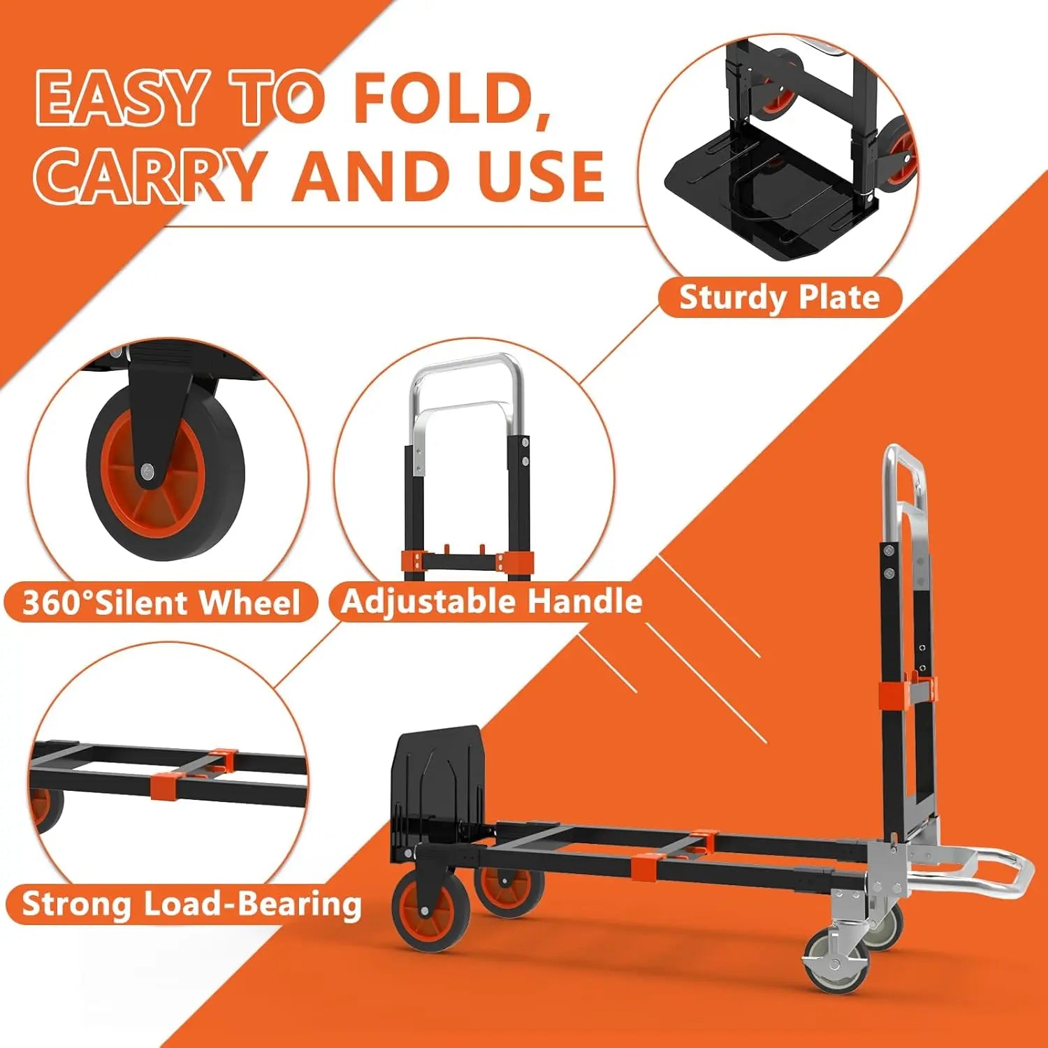 3-in-1 Heavy Duty Folding Hand Truck, 500 LBS Capacity, Convertible Dolly with Telescopic Handle