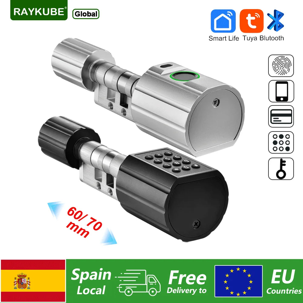 RAYKUBE L12 Tuya BLE Fingerprint Cylinder Digital Door Lock With 60/70 mm Adjustable Cylinder length Password/Key/Tuya APP Unlok