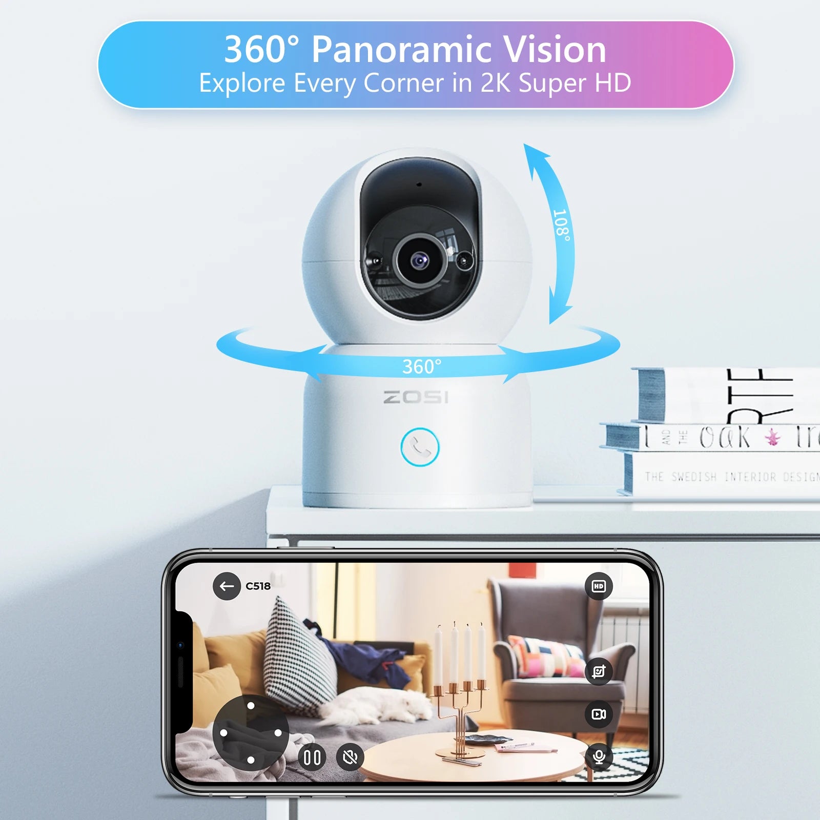 Indoor Security Camera 2K 360° Baby & Pet Monitor with AI Tracking