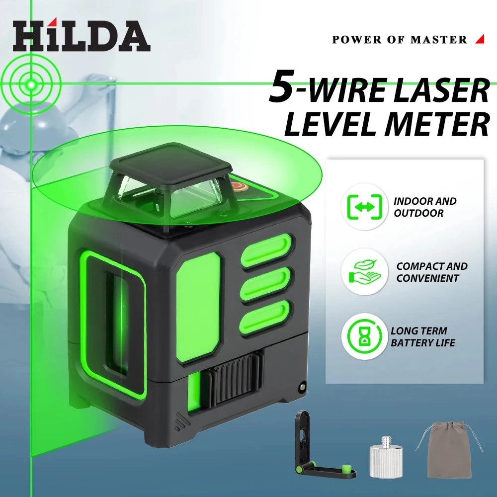 HILDA Laser Level 2 lines/5 Lines 360 Automatic Leveling Level Construction Tool Equipment Green Light Cross Laser Good Gift 