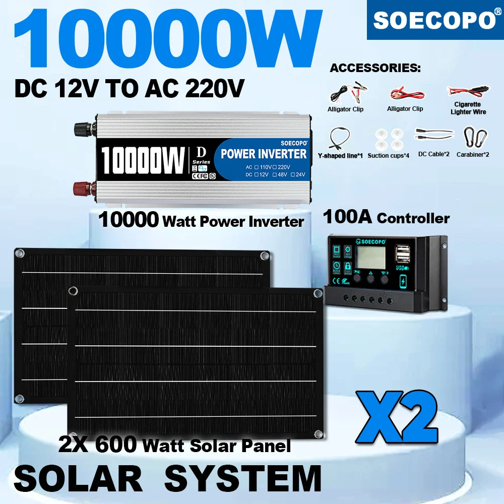 SOECOPO 7000W Solar Power Kit with 100A Controller & 300W Panel Inverter 12V to 110V/220V for Home/Camping/RV/Emergency Backup