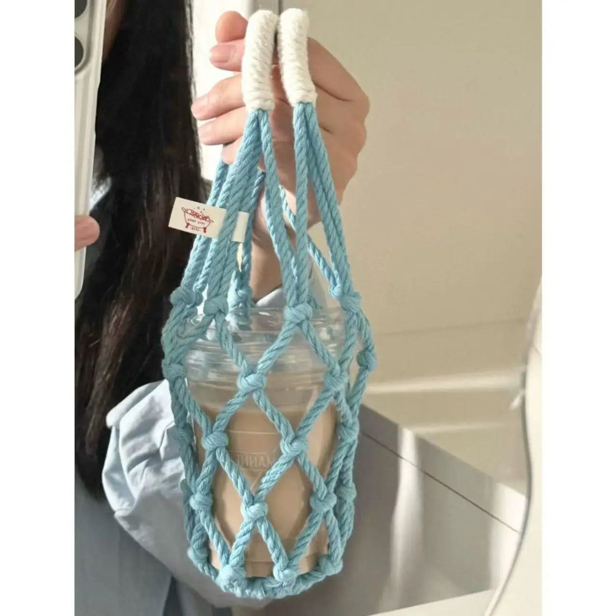 Handgewebte Baumwoll-Netztasche für Becher und Reisebecher