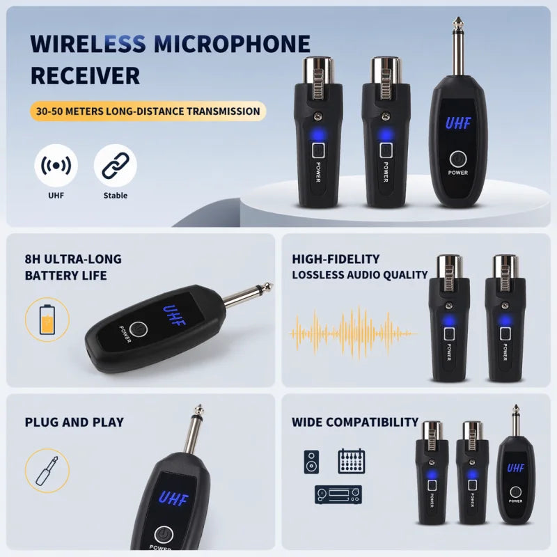 NXG N-008 Wireless Microphone Receiver & Transmitter with Smart Noise Reduction, XLR/6.35mm Plug-In Transmitter & Receiver Suitable for Recording, for Conferences, Stage Performances, - for Podcasts, Public Speaking, Events