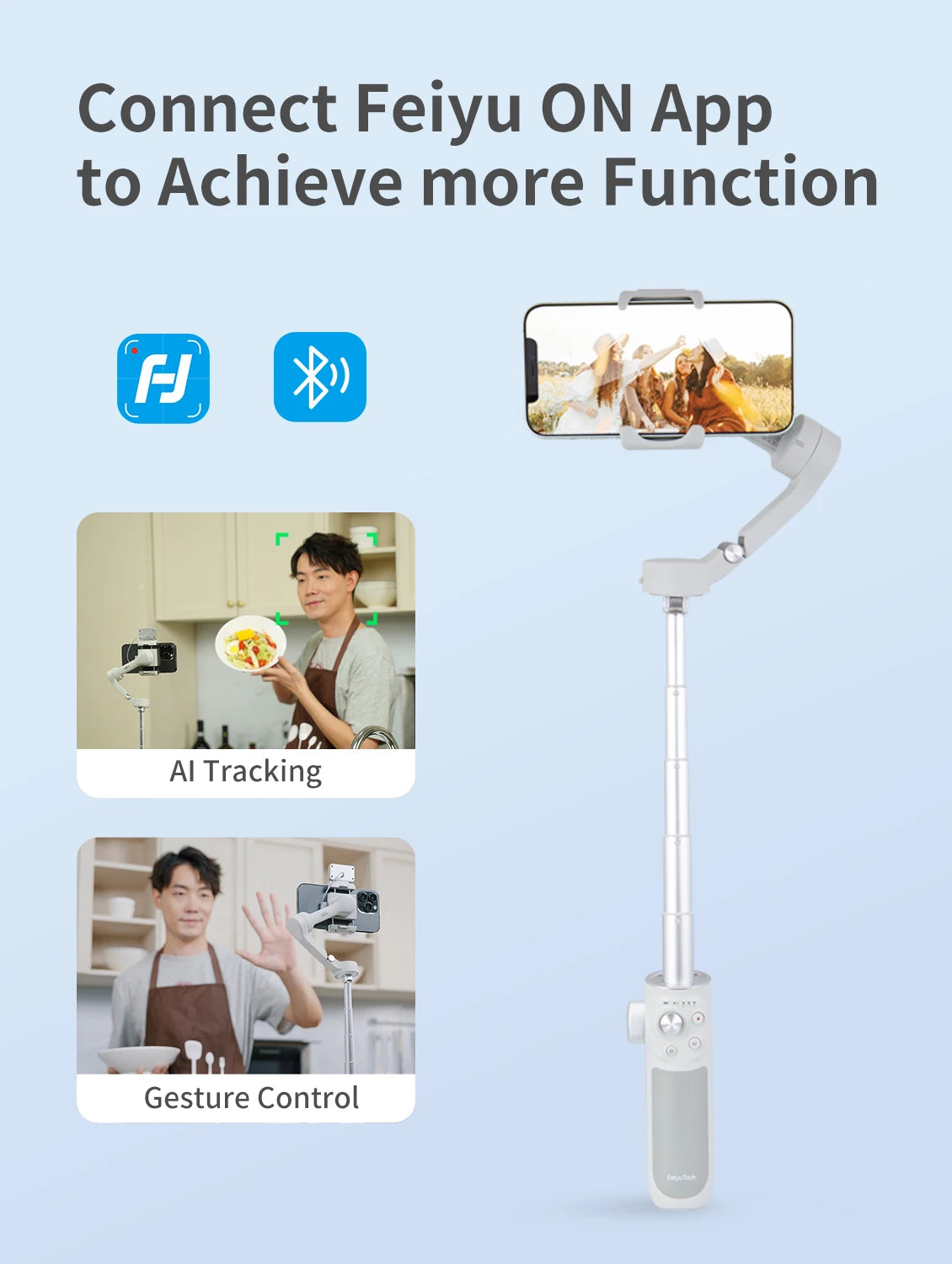 FeiyuTech VB4 3-tengelyes gimbal stabilizátor iPhone & Android számára, beépített selfie pálca, összecsukható kialakítás a vloggoláshoz, arcfelismerés