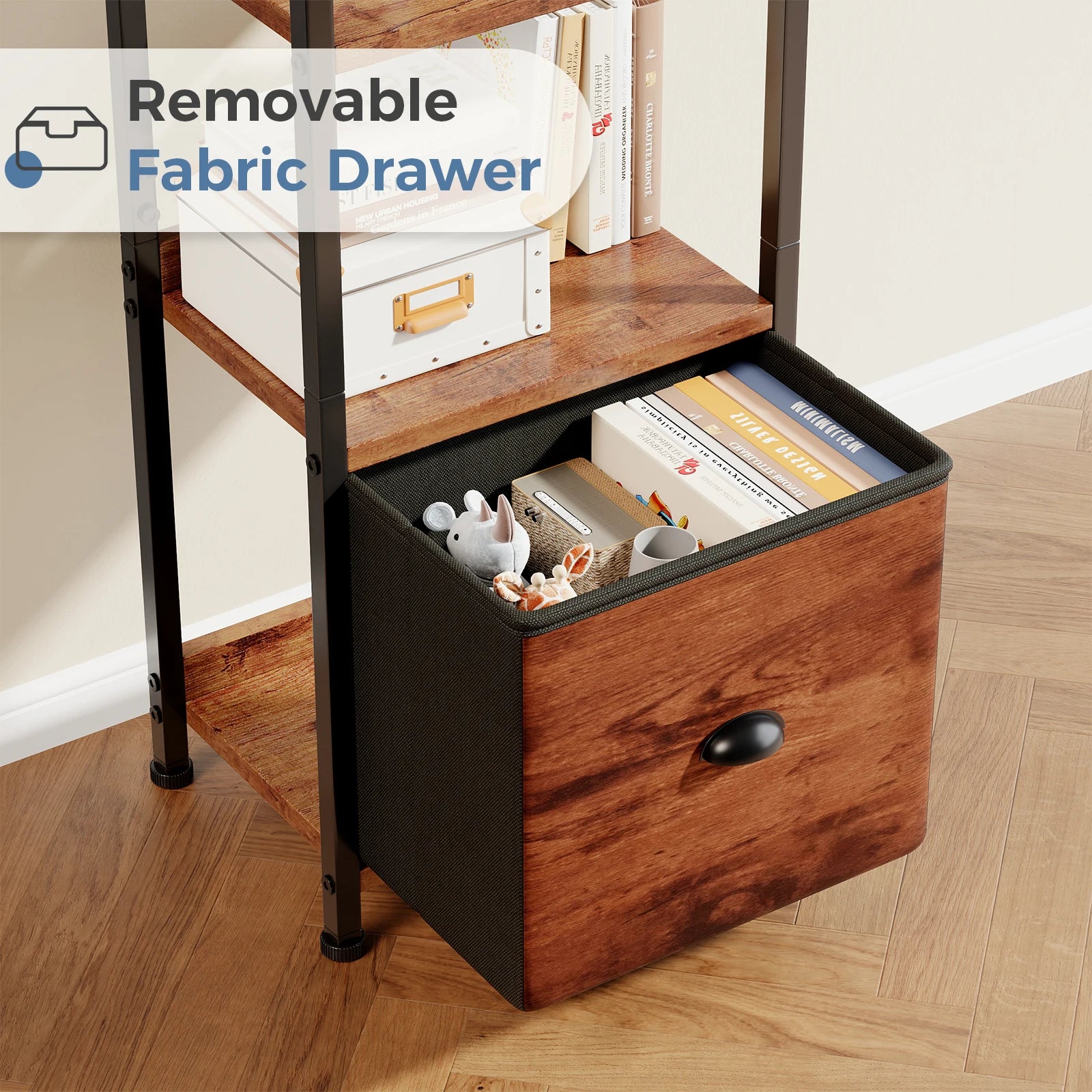 5 Tier Wood Bookshelf with Fabric Drawer Storage Organizer Shelf