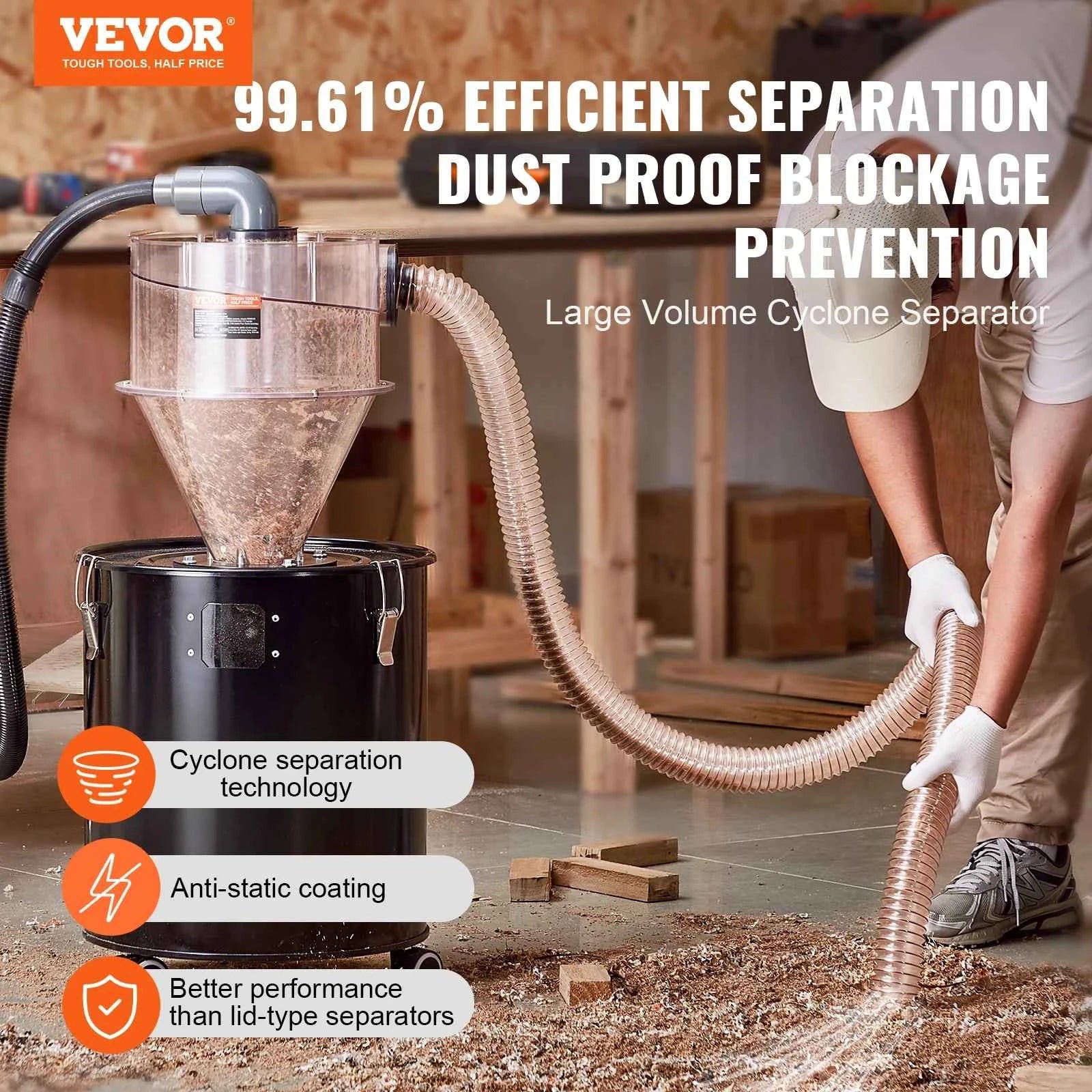 SucceBuy Cyclone Dust Separator with Metal Tank 4" Retrofit Cyclone Separator ABS Dust Deputy With 2" Hole O.D. Connector & Hose
