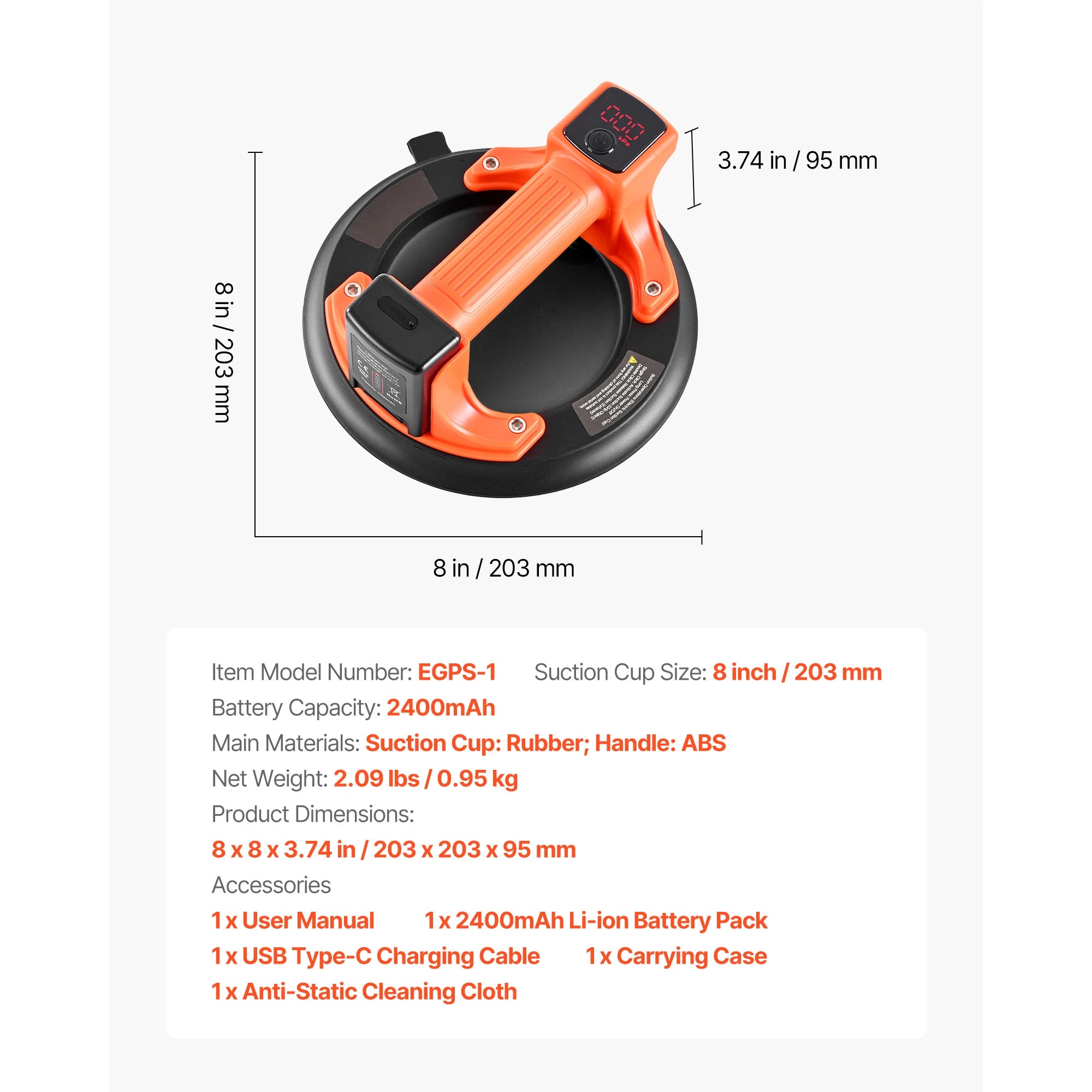 8-Inch Electric Vacuum Suction Cup Lifter 440lb with Display