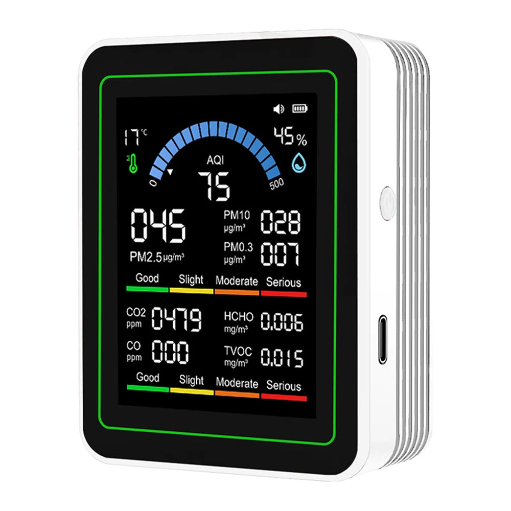 Monitor de calidad del aire 10 en 1, medidor de CO2, CO, TVOC, HCHO, PM2.5, PM1.0, PM10, medición de temperatura y humedad, detector de dióxido de carbono