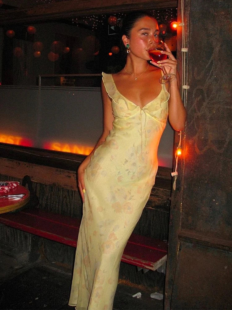 Cryptographic Summer Floral Print Plunge Maxi Dress Outfits Sexy Backless Fairy Sun Dresses Vacation Beachwear Vestido Coquette 