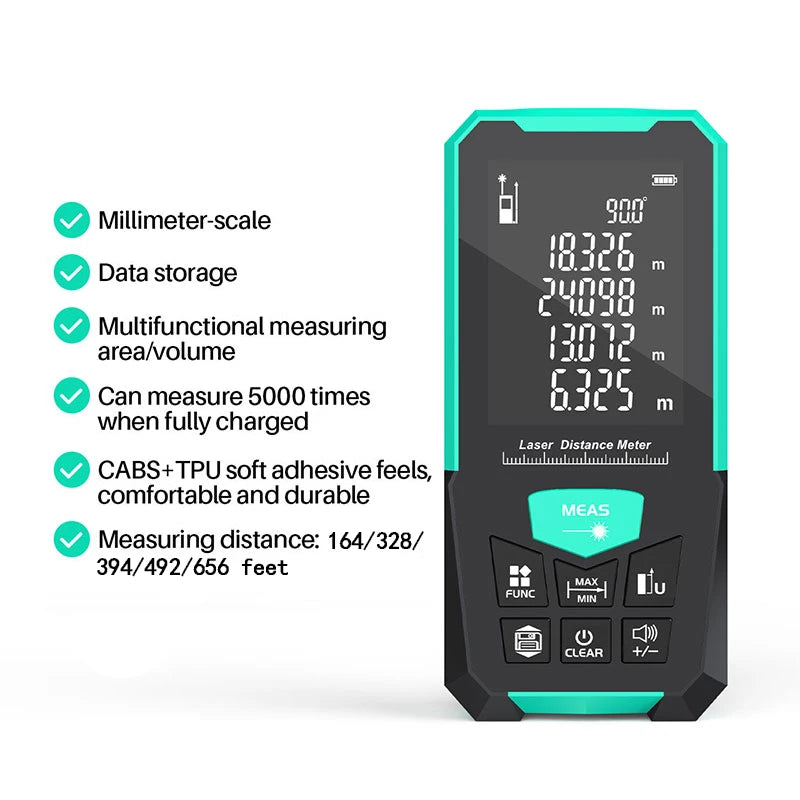 Laser Rangefinder, Green Laser Source, Multiple Measurement Modes, M/FT/IN Unit Switching, Battery Free, 5 Range Options
