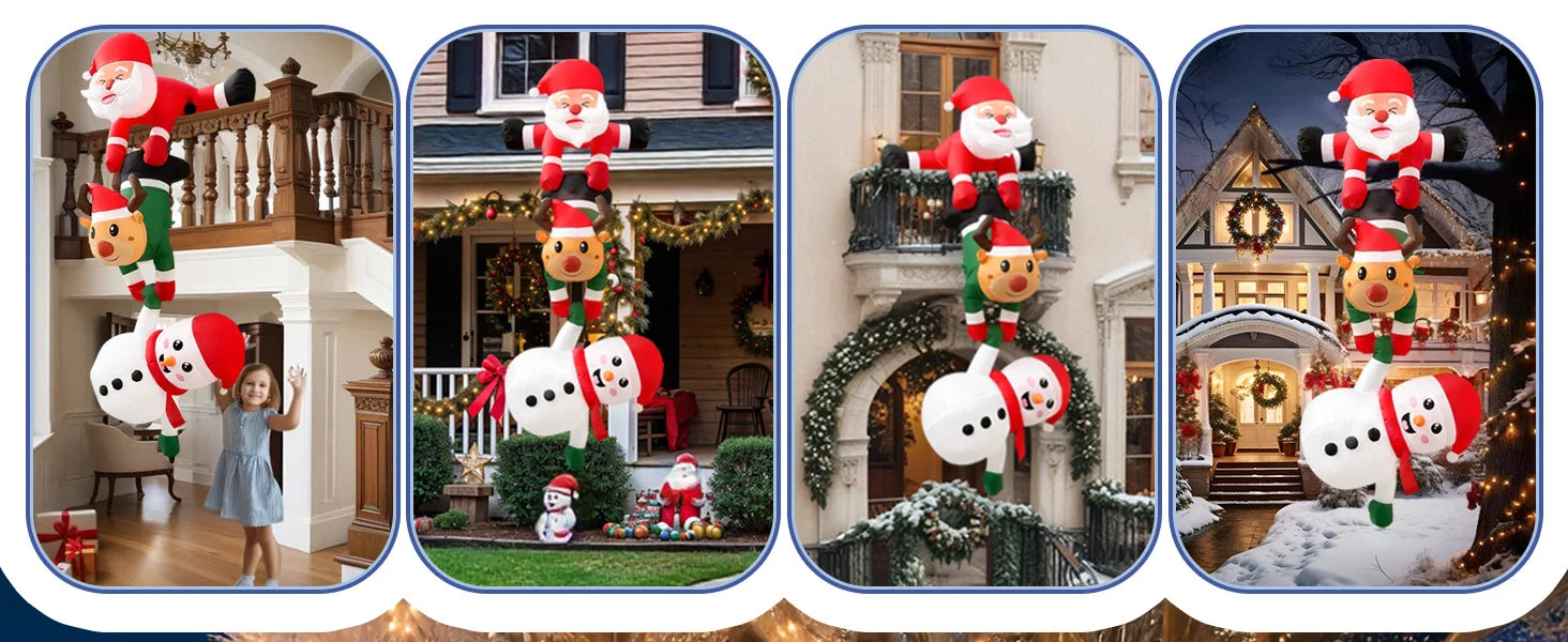 8FT Christmas Inflatables Decor, Climbing Santa Claus with Reindeer & Snowman/Elves, Xmas Decor for Beam Roof Tree Indoor Party 