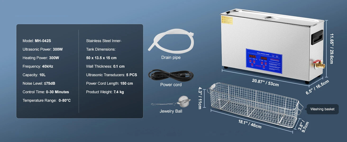 Curățător ultrasonic 10L 40kHz 300W cu încălzitor și cronometru