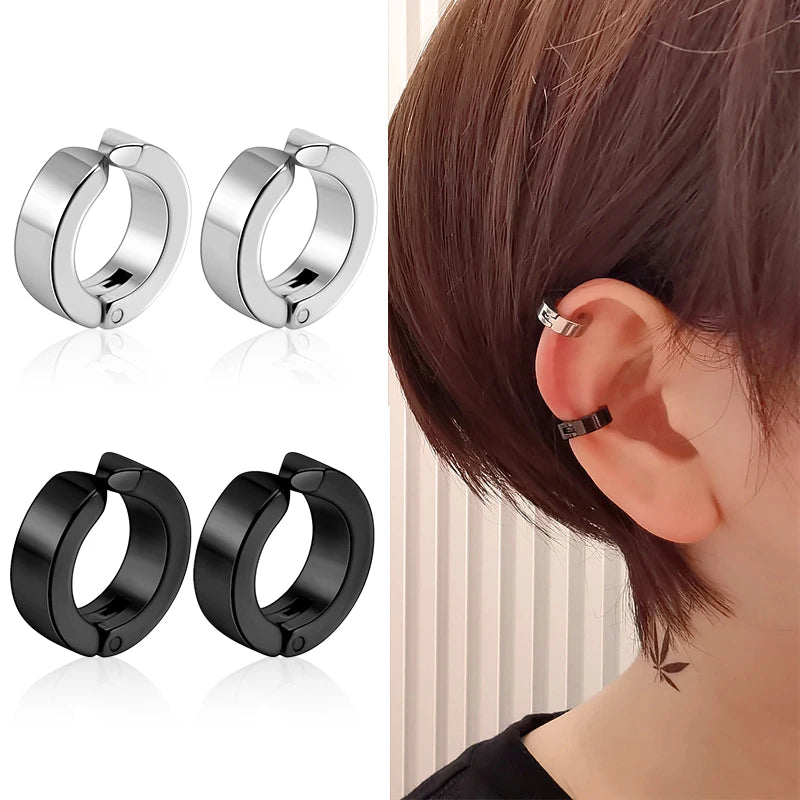 2 Pcs Classic Korean Punk Stainless Steel Ear Clip Earrings for Men Women Black No Pierced Fake Ear Circle New Pop Jewelry 