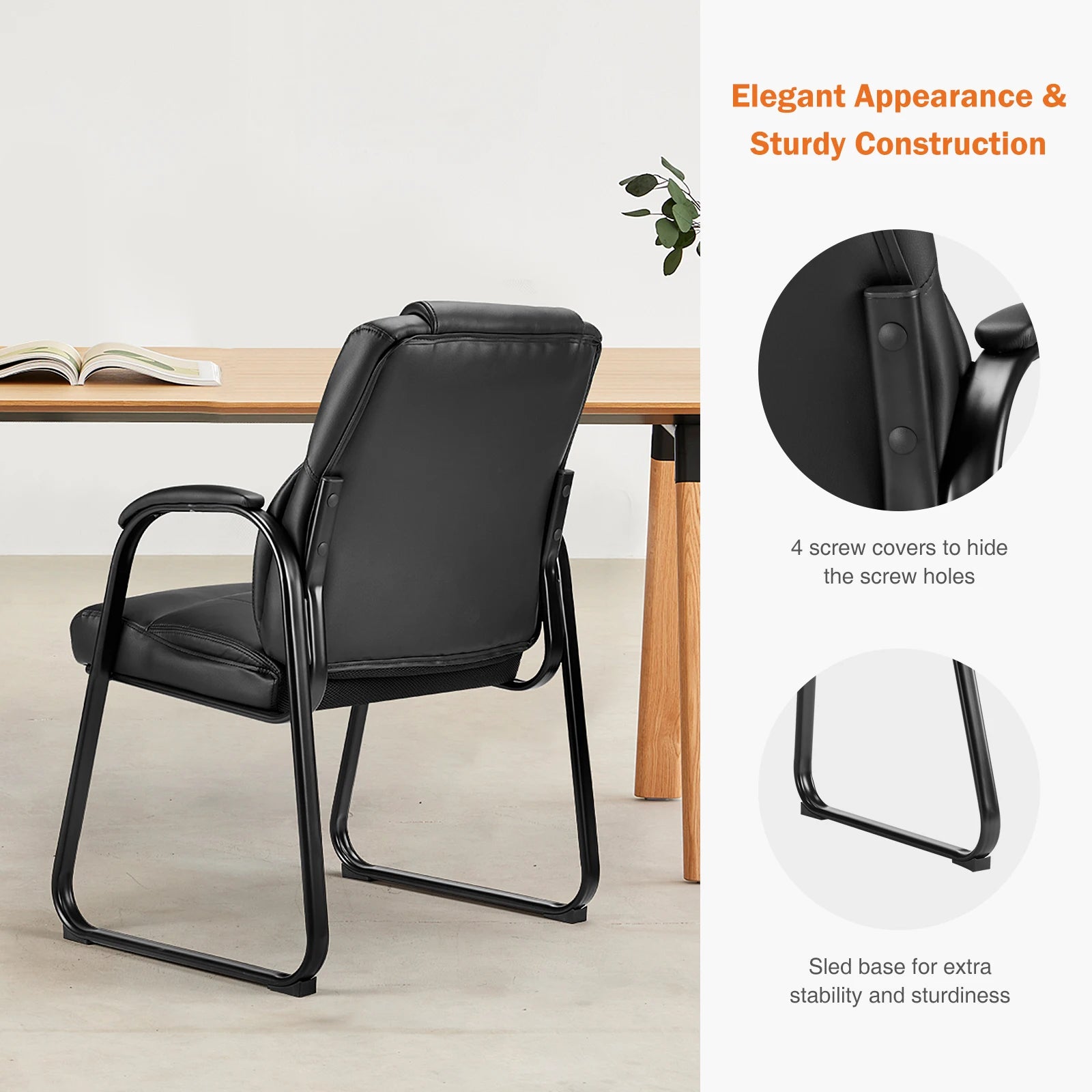 Ergonomic PU Leather Office Guest Chair with Padded Arms and Backrest