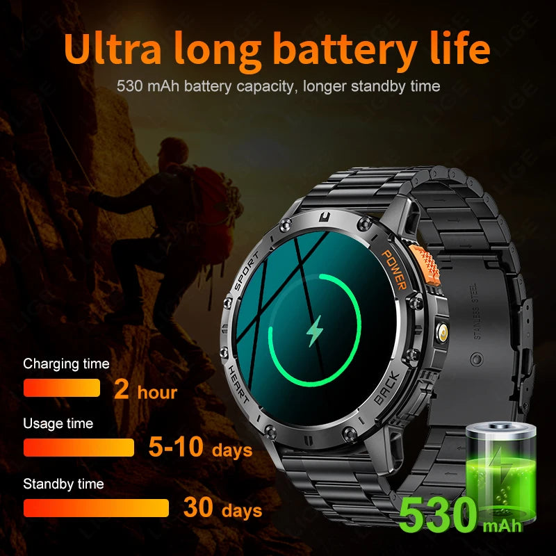 For Android ios New AMOLED Smart Watch Men with Flashlight Sports Waterproof Fitness Tracker Bluetooth Call Smartwatch Man+Box 