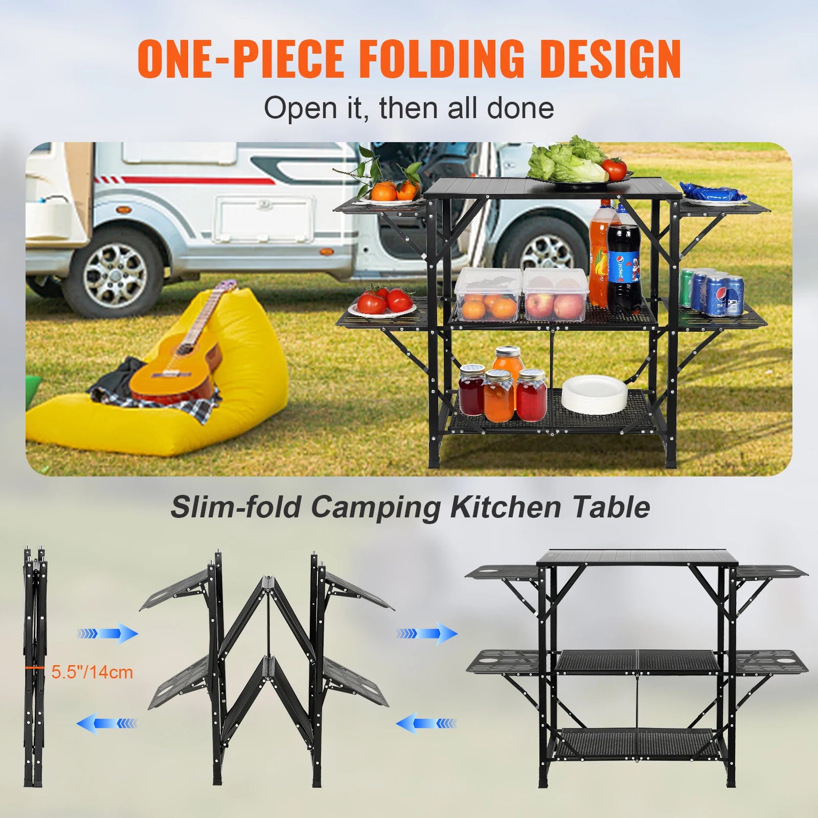 SucceBuy Camping-køkkentafel i ét stykke - sammenklappelig bærbar kogestation af aluminium til camping, udendørs picnics og BBQ
