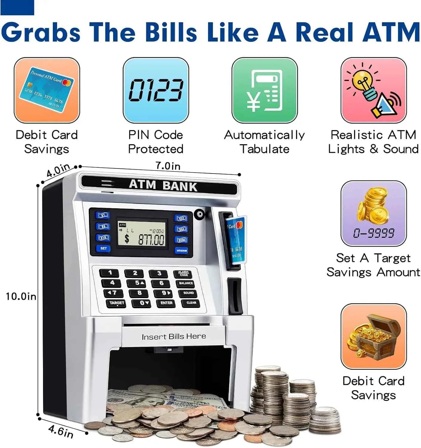 Kids ATM Piggy Bank for Real Money with Debit Card, Bill Feeder, Coin Recognition, Balance Calculator