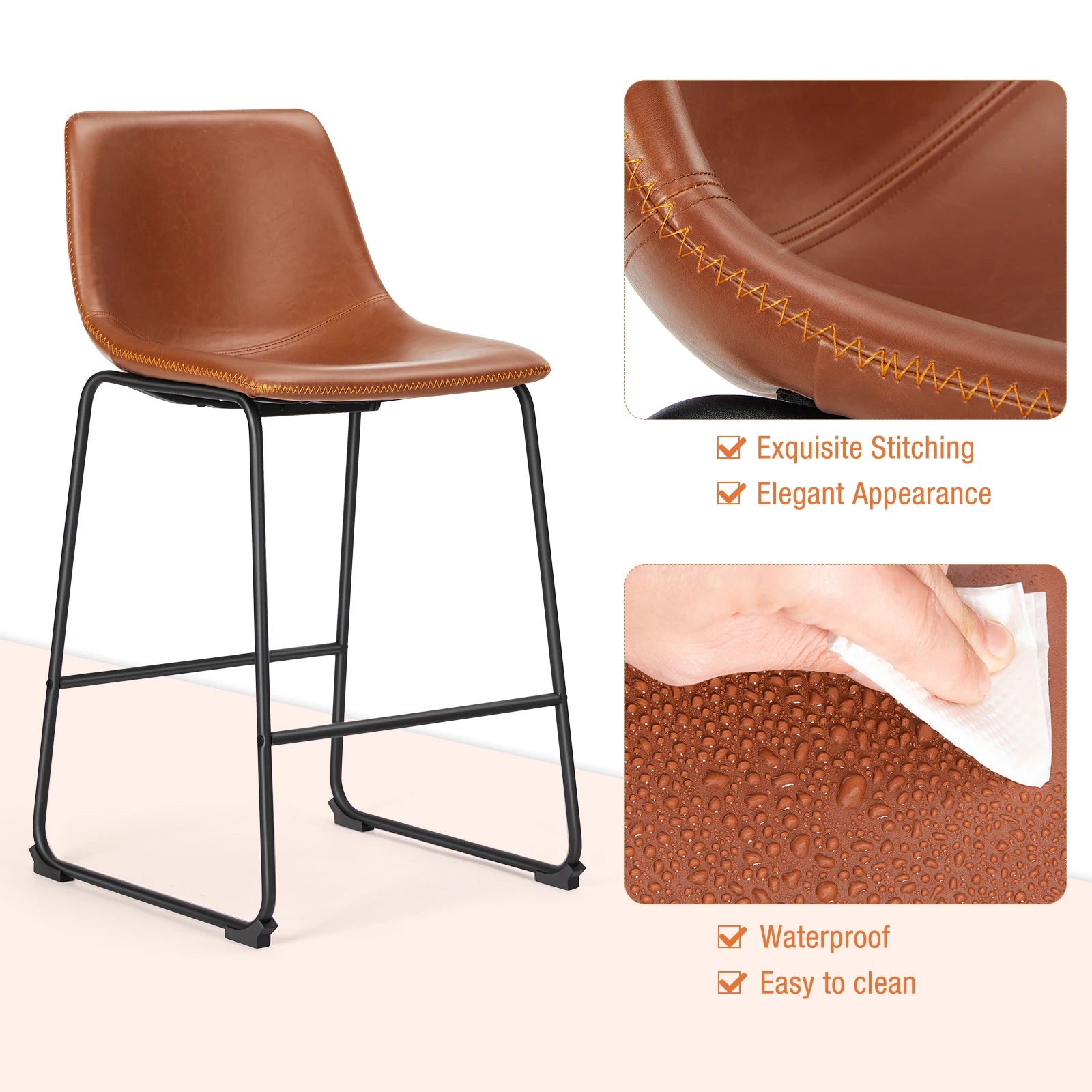 Counter Height PU Leather Bar Stools Set of 2 with Backrest