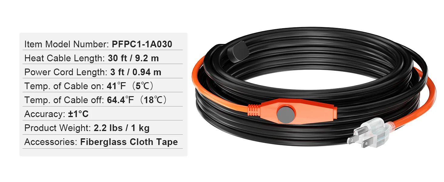 Cable calefactor para tuberías con cinta térmica para protección contra congelación (6FT–30FT)