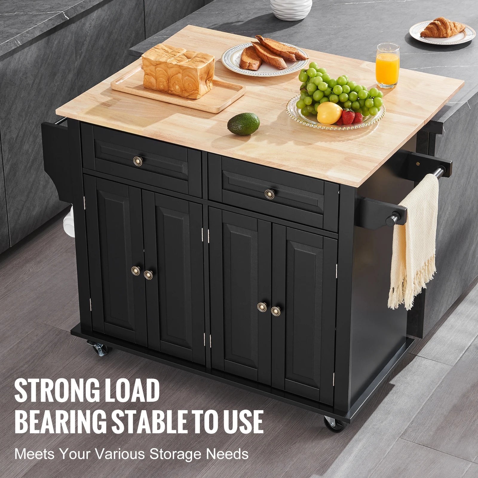SucceBuy 43" Kitchen Island Cart Wood Top Mobile Carts with Storage Cabinet Rolling Table with Leaf Spice Rack Towel Bar Black