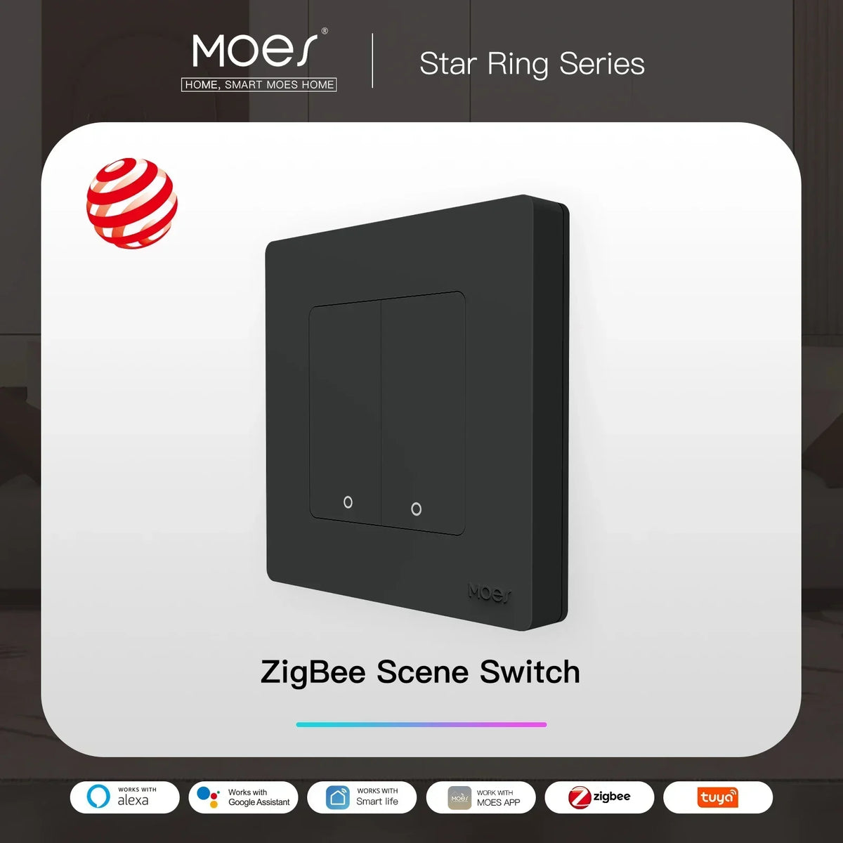 MOES Smart Light Switch Tuya ZigBee Star Ring Series No Neutral Wire No Capacitor Needed Smart Life Works with Alexa Google Home