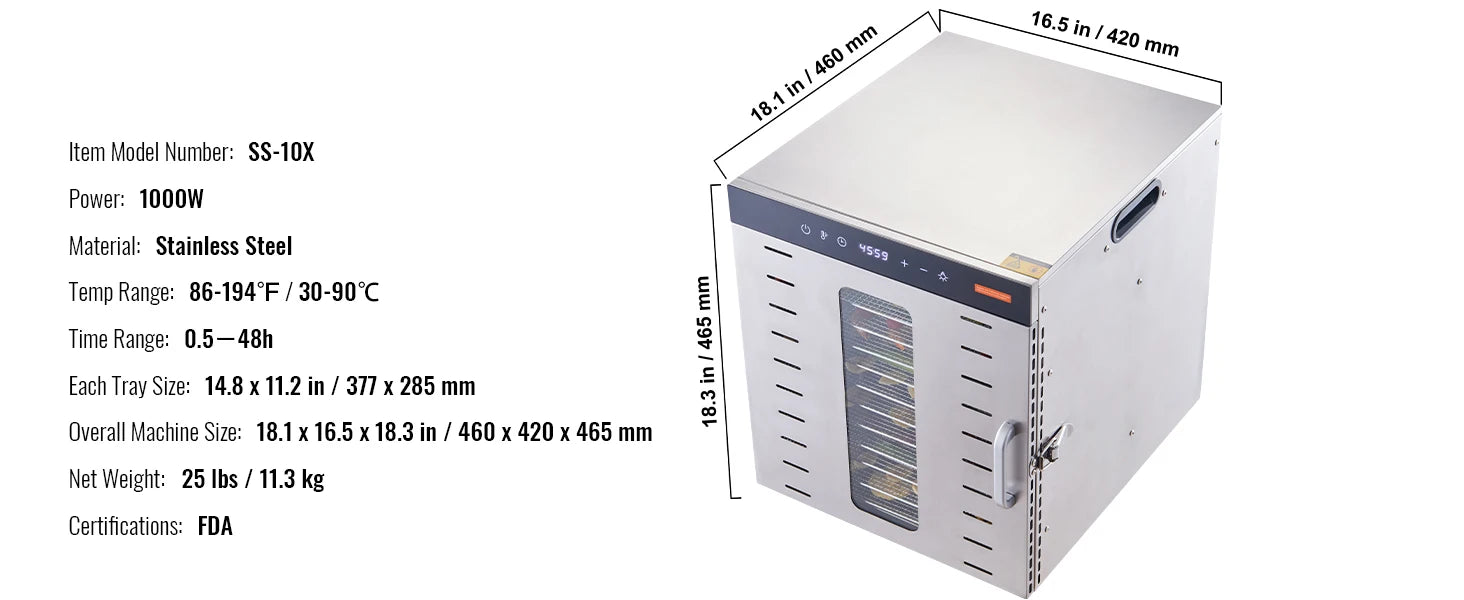 Deshidratador de Alimentos de 10 Bandejas de Acero Inoxidable con Temporizador y Control de Temperatura