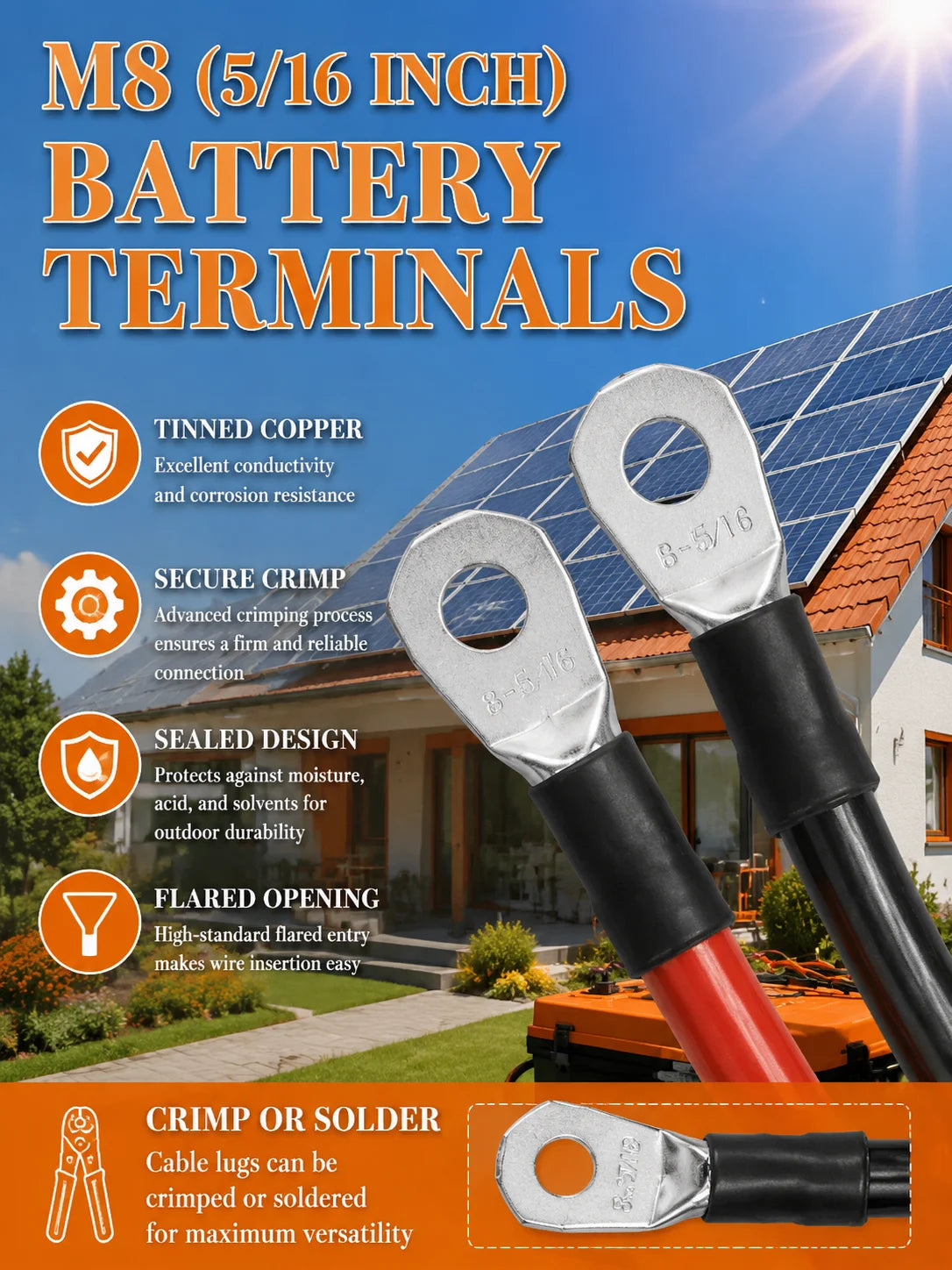 M8 Battery Cable 2 AWG or 4 AWG with 5/16 Lugs