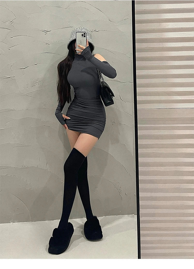 Summer Sexy High Neck Tight Dress Oversleeve Pleated Bottom Wrapped Hip Dress Women Bodycon 