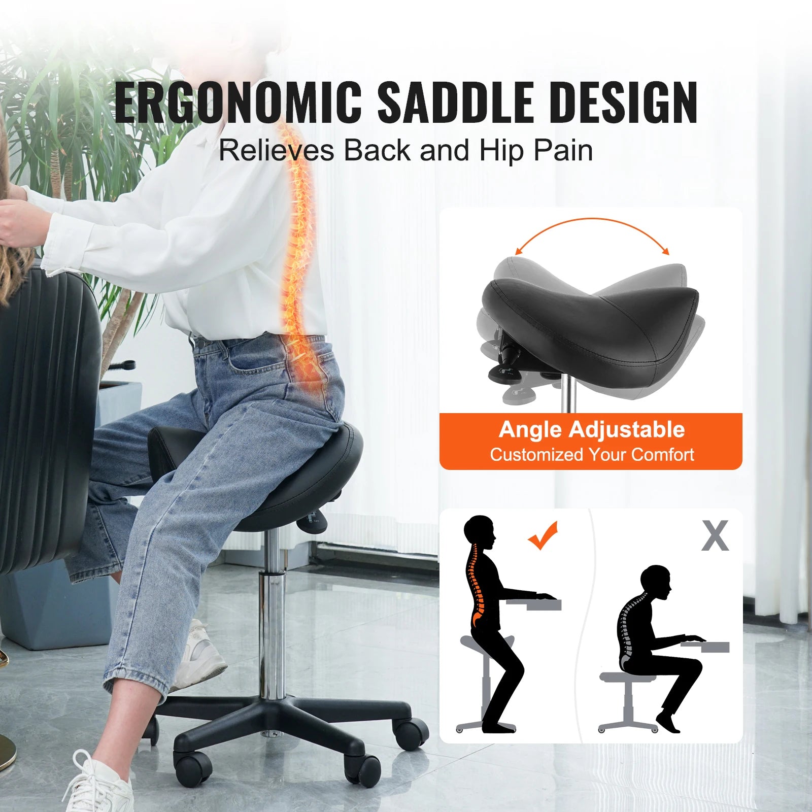 SucceBuy ergonomic saddle stool with 5 swivel casters, 360° rotation, 20.1–28 tuuman korkuis, säädettävä pyöreä tuoli barin, saunaan, toimistoon