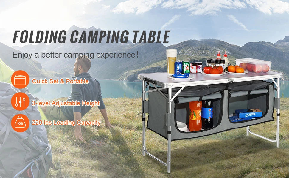 SucceBuyFolding Picnic Table Kitchen Camping Cupboards Aluminum Suitcase Table with Storage Bag Adjustable Height for Outdoor
