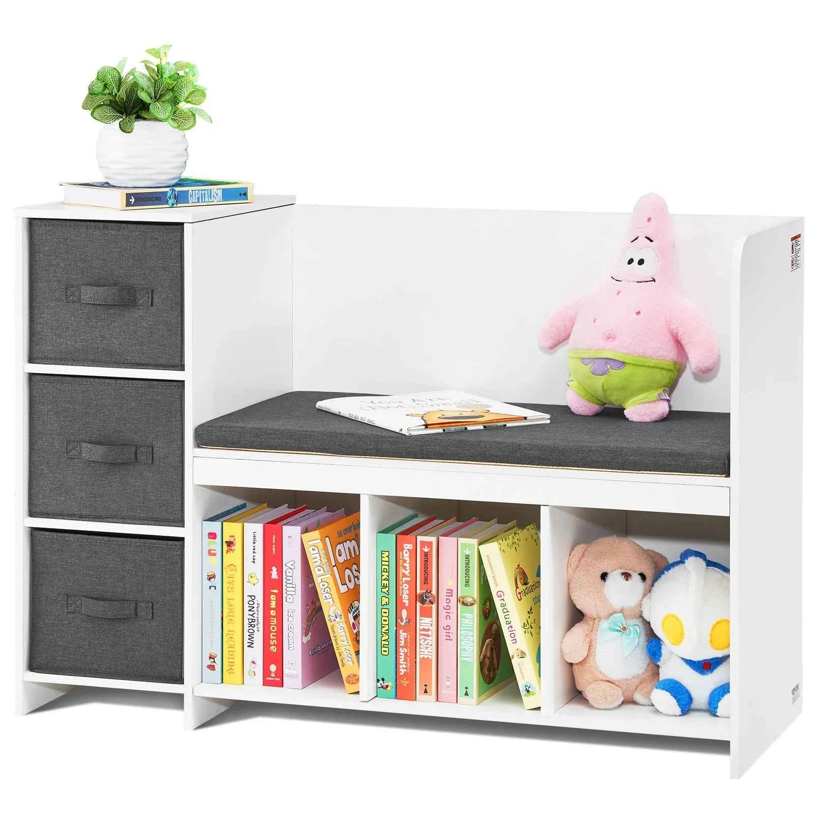 Kids Reading Bookcase Nook Bench with 6 Cubbies and 3 Drawers