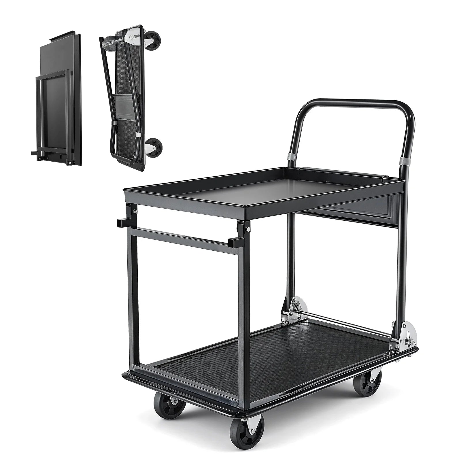 SucceBuy 700 lbs 2 Tier Foldable Heavy Push Cart Dolly Platform Hand Truck with Wheels Moving Flatbed Cart for Warehouse Garage