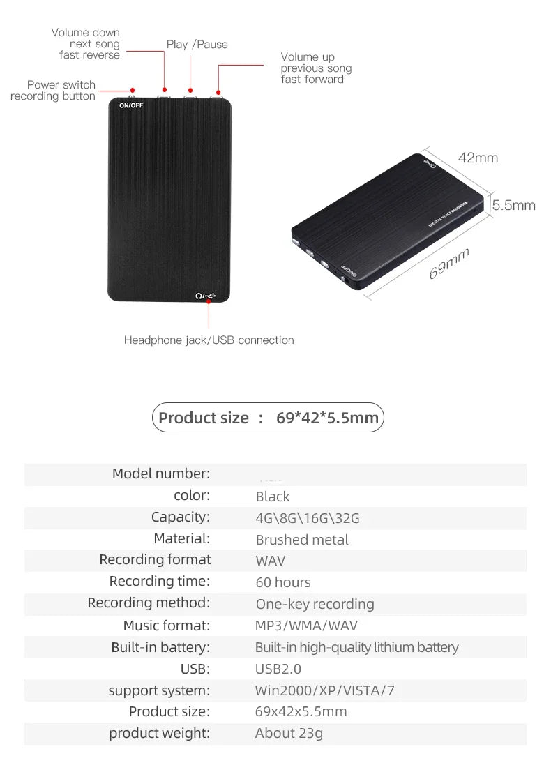 Carte d'enregistreur vocal ultra-mince activée par la voix avec enregistrement de 60H