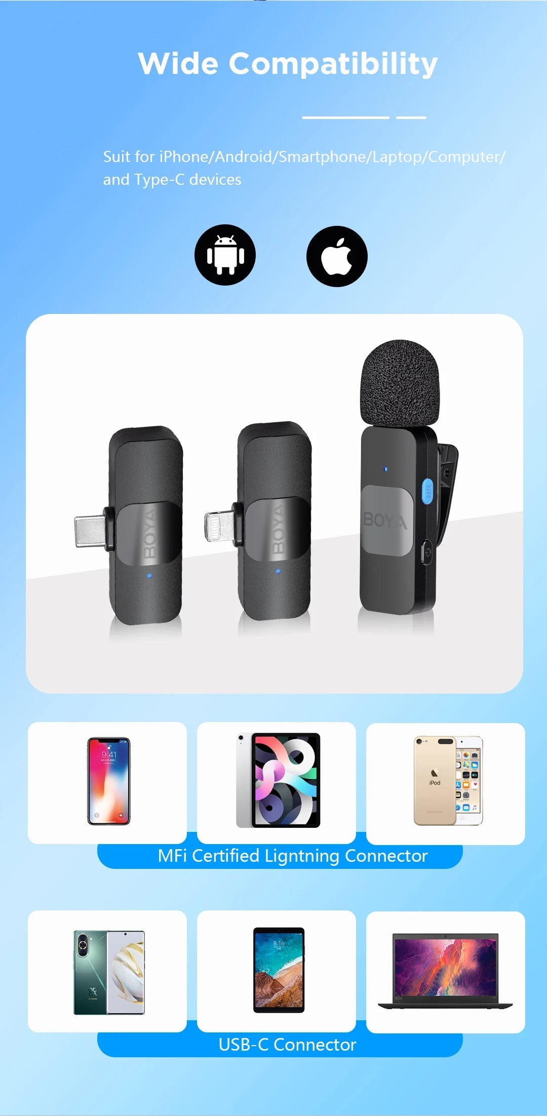 BOYA BY-V Professional Wireless Lavalier Mini Microphone for iPhone iPad Android Live Broadcast Gaming Recording Interview Vlog 