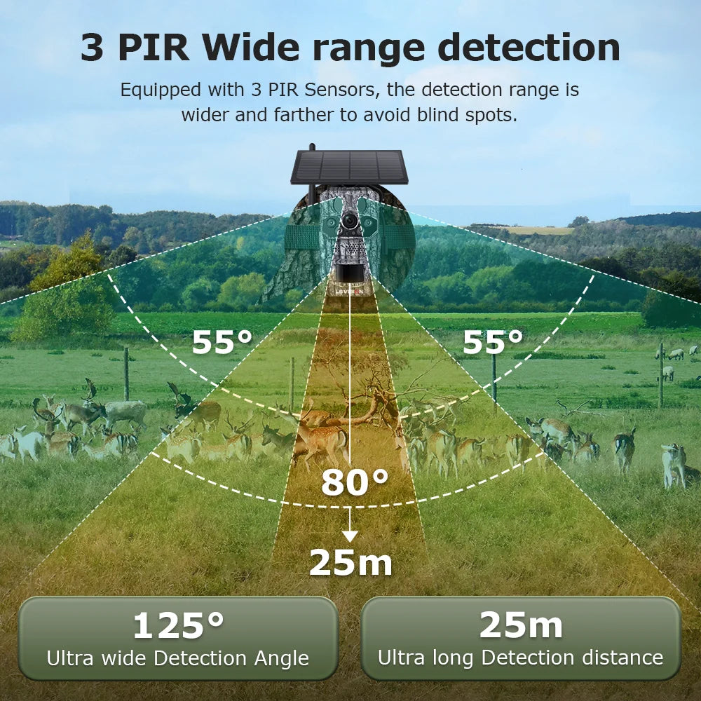 5MP 4G Solar Trail Camera with GPS, 3 PIR Sensors, 125° Detection, 0.2s Trigger, 940nm IR, IP66 Waterproof