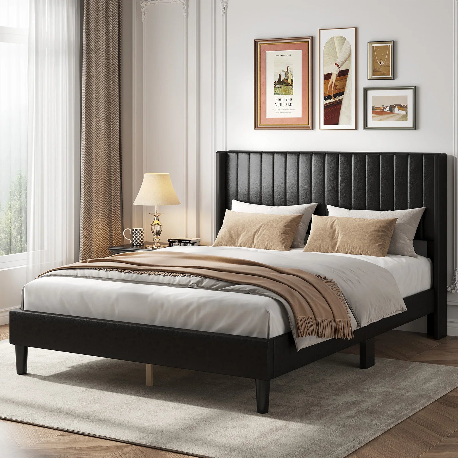 Upholstered Platform Bed Frame with Wingback Headboard and Storage