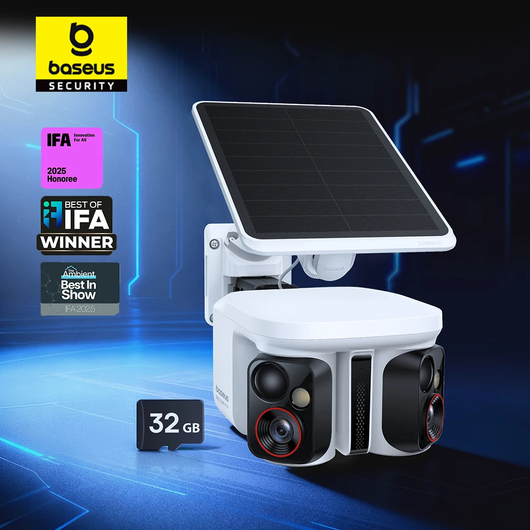 Cameră de securitate exterioară Dual Lens 3K cu alimentare solară și urmărire AI