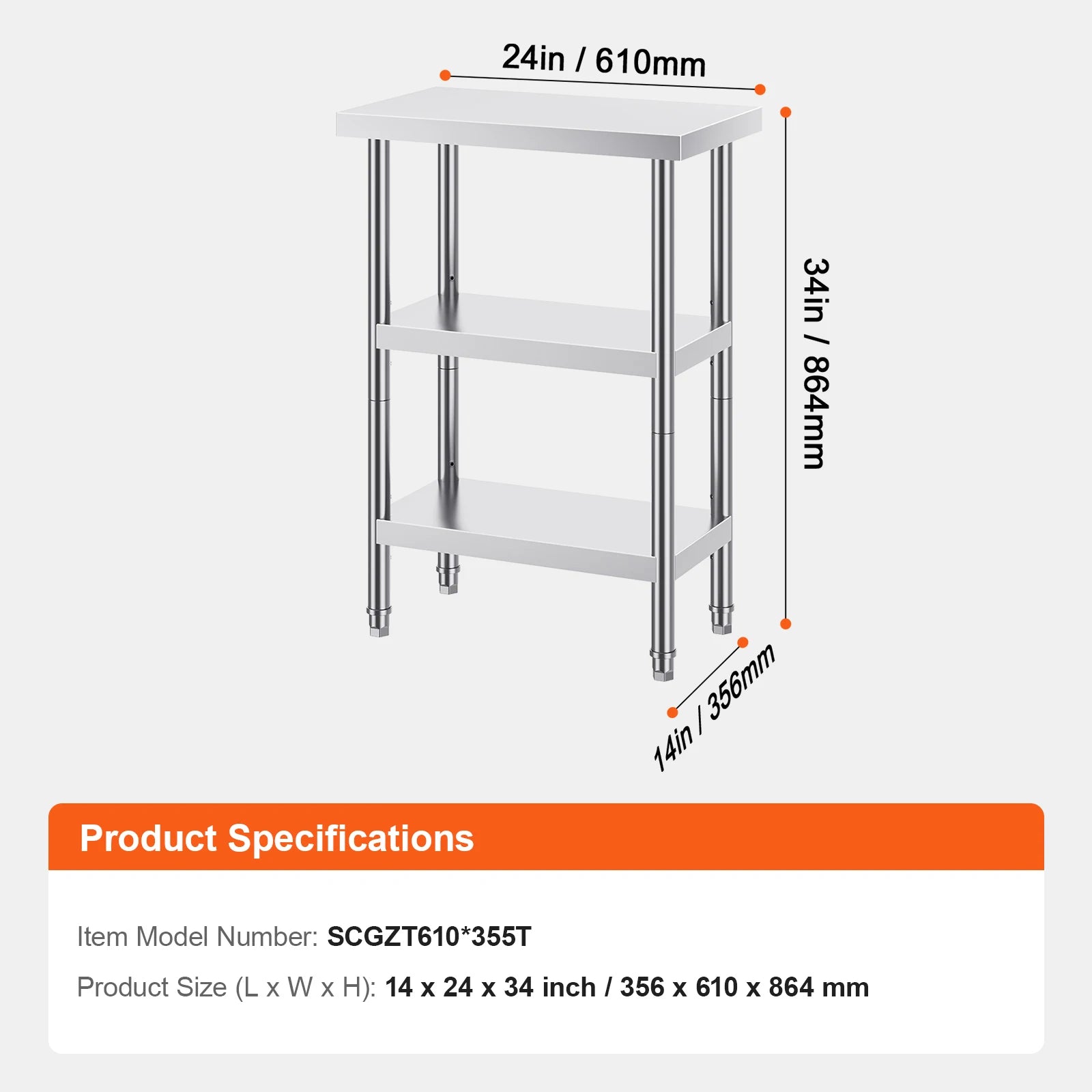 Stainless Steel Food Prep Table with Adjustable Shelves for Kitchen